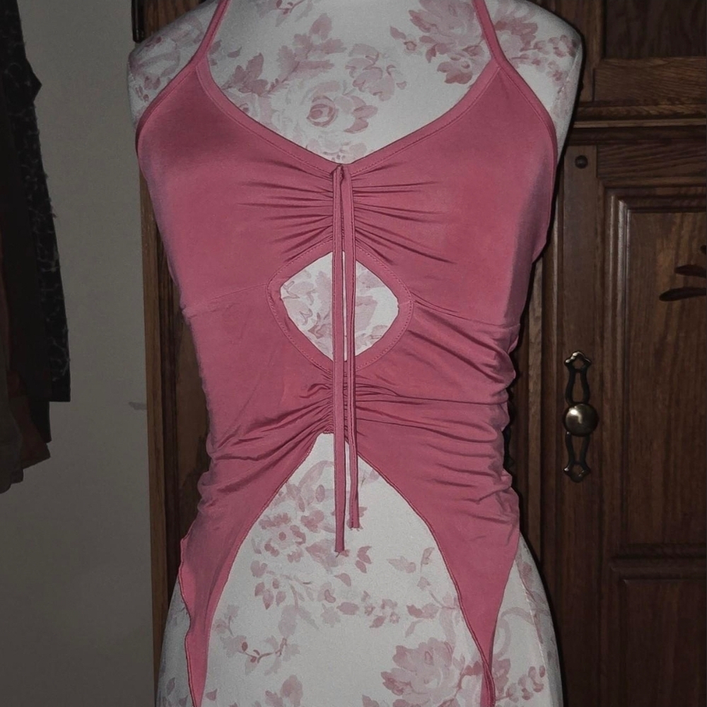 Dolls Kill Pink Ruched Cutout Top
